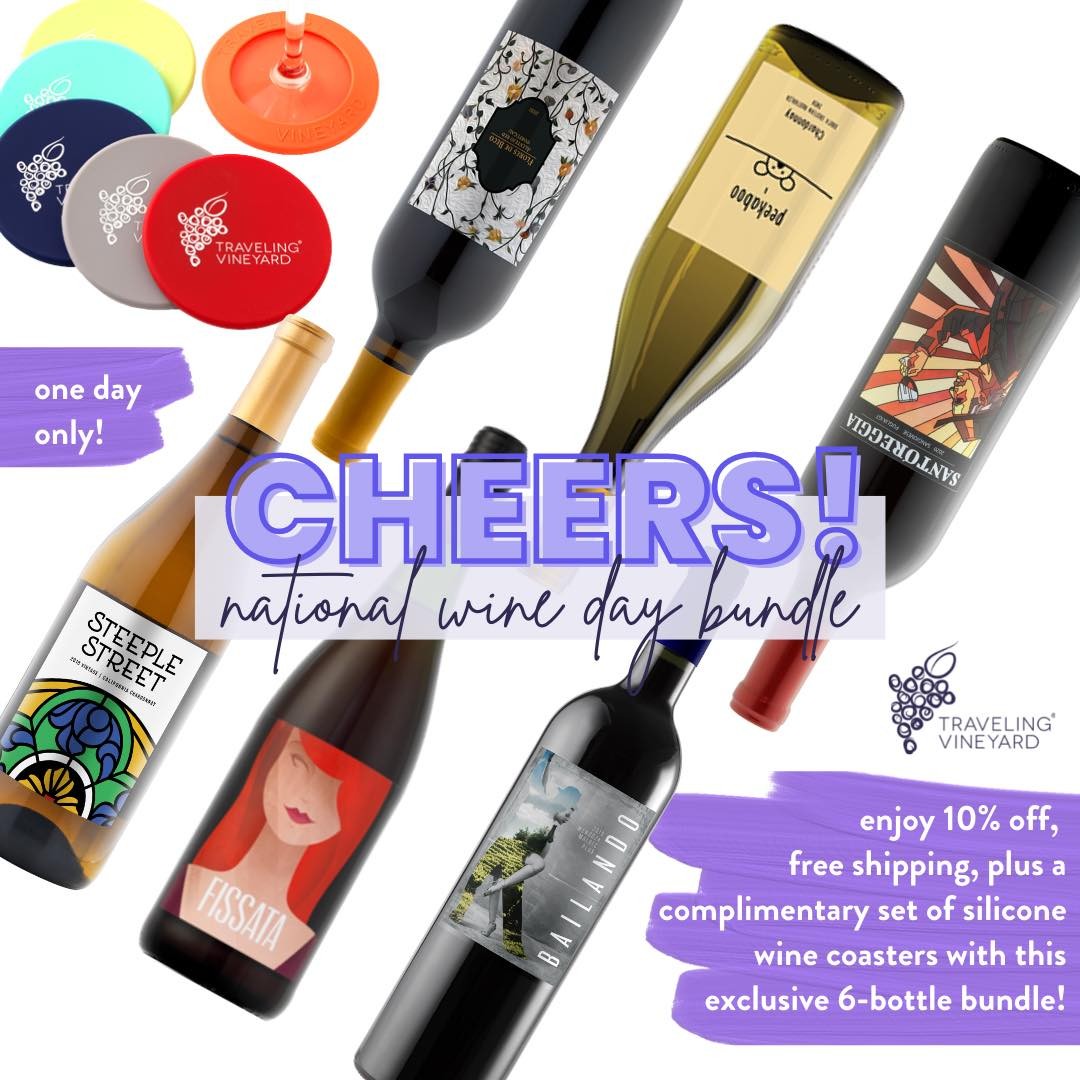 🍷 HAPPY NATIONAL WINE DAY 🍷 Sip on this 6-bottle deal for one day only! 
10% off plus free shipping 🛒
Here’s what you’ll get:
•2018 Steeple Street, Chardonnay
•2020 Flores De Beco, Alentejo Red
•2020 Peekaboo, Chardonnay
•2020 Santoreggia, Sangiovese
•2019 Bailando, Malbec
•Fissata Sweet Red
+ FREE set of silicone wine coasters
ORDER NOW! #nationalwineday #wineday #winepromo