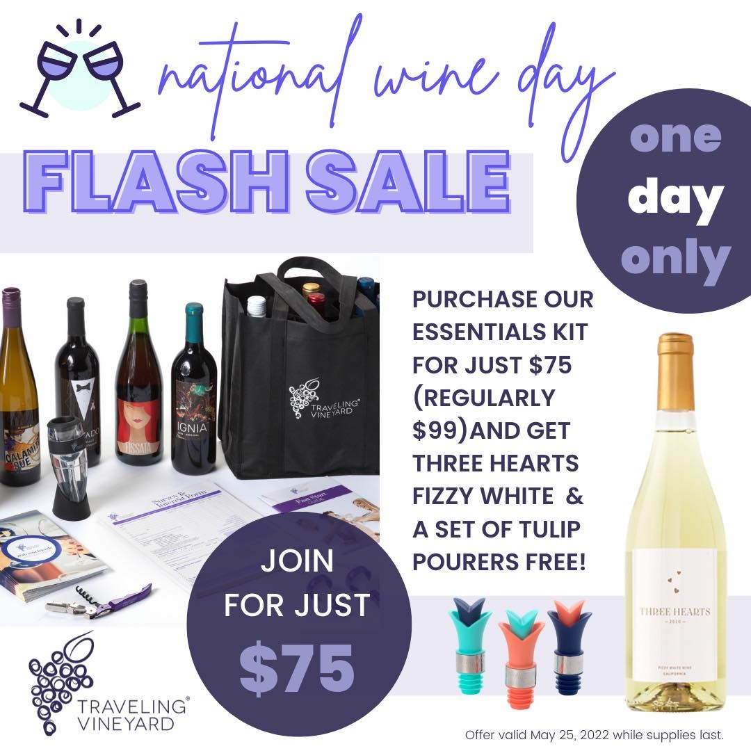 Today is the day to become a Wine Guide because for ONE DAY ONLY we're slashing the price on our $99 Essentials Success Kit to just $75! 
New Wine Guides will also receive bonus freebies including:
🥂 a bottle of Three Hearts Fizzy White wine + a set of our popular tulip pourers! 
JOIN NOW 🍷 #nationalwineday #wineday #winepromo